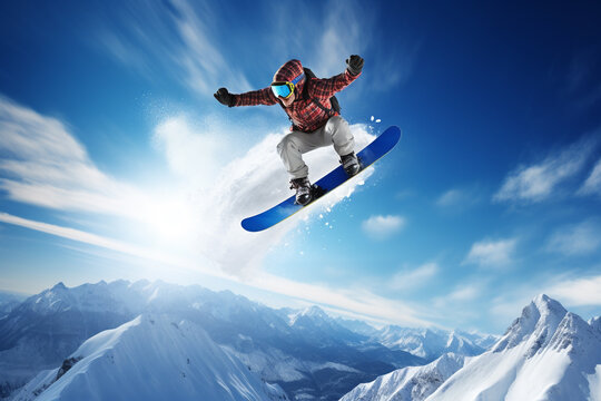 Snowboarder launching on mountains in the winter with beautiful blue sky background. Extreme sport on vocation season.