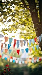 Lively Colorful Buntings Adorning Trees in a Scenic Outdoor Setting