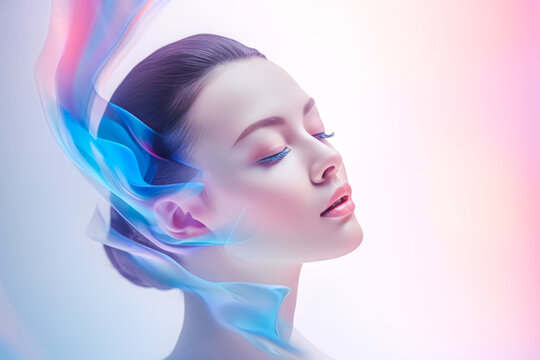 Portrait of nude woman on white background. Mind and peace concept double exposure on white background. Thinking about future. Cosmetics concept.