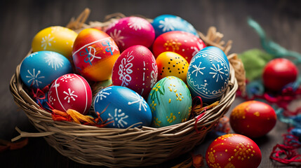 Fototapeta na wymiar Vibrantly colored Easter eggs nestled within a basket