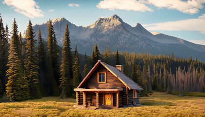 Illustration of a remote cabin in the north of canada or alaska infront of a mountain range and a forest during golden hour with a meadow infront of the house - obrazy, fototapety, plakaty