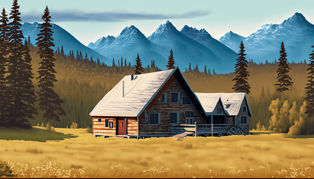 Illustration of a remote cabin in the north of canada or alaska infront of a mountain range and a forest during golden hour with a meadow infront of the house