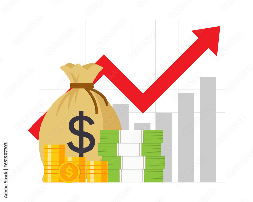 Poster business graph arrow up growth investment and money bag coin. chart finance income increase growing.