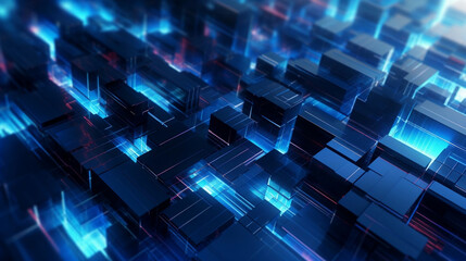 Glowing block surface, cyberspace and database concept futuristic technology abstract background.