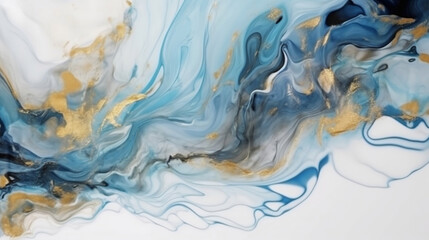 Elegant blue white and gold marble acrylic flow illustation, abstract background.