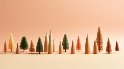 Christmas New Years banner row of wooden and artificial mini Christmas trees on pink background. Minimalist decoration of home interior