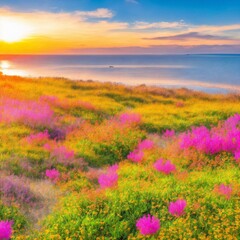 Wildflowers in the coastal sand dunes on a coastline at sunset