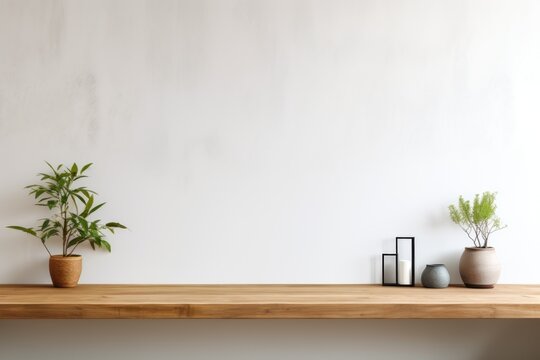 Simple workplace, wooden table with picture frame, coffee cup and houseplant. Generated by AI