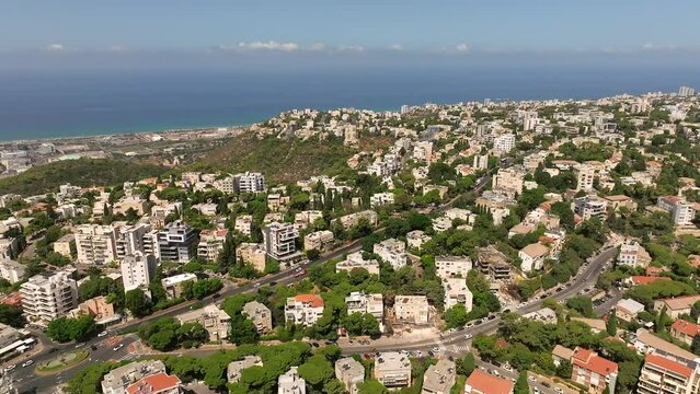 Haifa central carmel houses Moriah street area overlooking The Mediterranean sea, Aerial  view