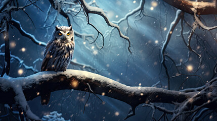 owl on a branch in winter night. 