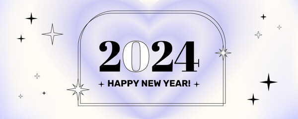 New 2024 year postcard in a retro y2k aesthetic, party banner, greeting, invitation, vector art with graphic shapes, frames and stars on a blurred background.