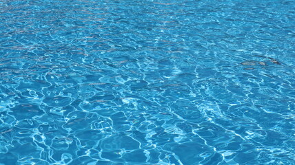 transparent turquoise water with quiet ripples as a bright colored background, the texture of the water surface in a pool, sea or ocean of delicate blue color, sunny aquamarine in clear wavy water