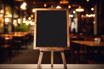 Blackboard empty menu with easel on wooden table with blurred background