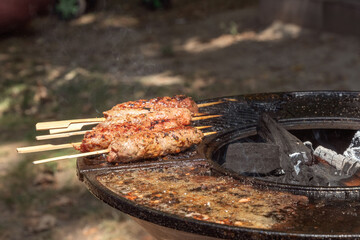 Meat kebabs on wooden skewers are baked on coals on the grate of a street fast food restaurant. Close-up