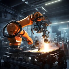 Industrial welding robots working in production line manufacturer factory