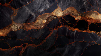 Onyx black marble stone with copper vein. A vivid graphite-textured geode wallpaper background - obrazy, fototapety, plakaty