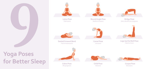 Yoga poses for Better Sleep. Elderly woman practicing yoga asana. Healthy lifestyle. Full body yoga, fitness, aerobic and exercises workout. Flat cartoon character. Vector illustration