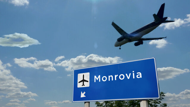 Plane landing in Monrovia Liberia airport with signboard