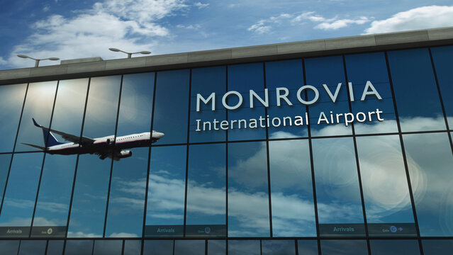 Airplane landing at Monrovia Liberia airport mirrored in terminal