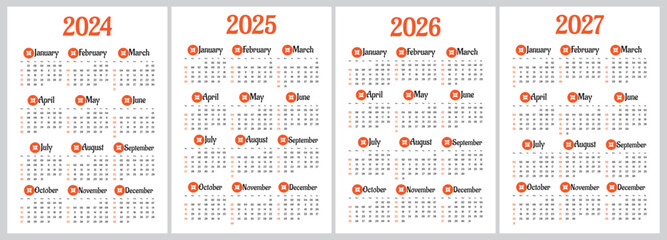 Fototapeta na wymiar Calendar 2024,2025,2026,2027 , calendar 2024 week start Monday corporate design planner template.