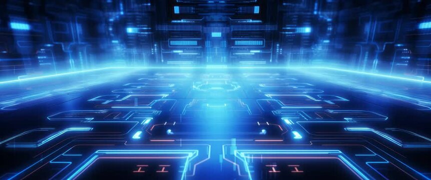 Anamorphic video abstract technological background from a fiber optic glowing beam spreading in the digital space. Data transmission in the futuristic industry. Colorful digitalization process.