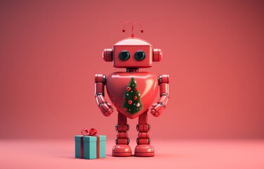 On a festive and futuristic winter night, a happy red robot stands surrounded by a twinkling christmas tree and a gift-filled box, ready to bring joy and excitement to the new year - obrazy, fototapety, plakaty