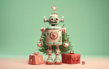 A toy robot stands surrounded by a festive tree and presents, bringing a magical energy of playfulness and joy to the holiday season