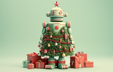A futuristic robot adorned with a festive blocks christmas tree stands proudly in anticipation of...