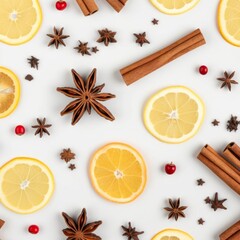Fototapeta na wymiar This flat lay of citrus fruit slices and aromatic spices captures the warmth and joy of the christmas and new year season, creating a vibrant and flavorful tapestry of aromas and colors