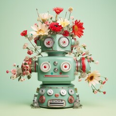 A futuristic robot adorned with cheerful roses brings an unexpected touch of joy to a happy new year celebration, radiating hope and optimism for a bright future