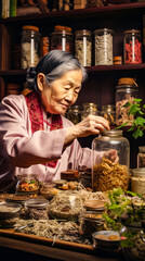 an old woman preparing herbal remedy in a TCM Chinese medicine shop