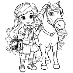 Fototapeta na wymiar Girl and toy horse coloring book for children