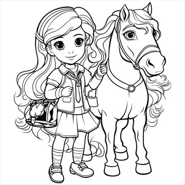 Girl and toy horse coloring book for children