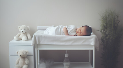 The baby fell asleep on the changing table. Medicine, breastfeeding, day and sleep of the child - obrazy, fototapety, plakaty