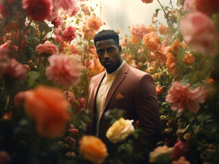 Fashion black men modeling in trouser suit surrounded flower garden