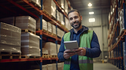 A good looking warehouse worker holding a tablet in his hand at large goods storage warehouse. Generative Ai