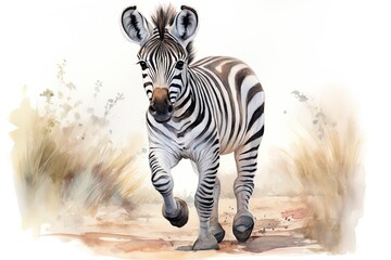A dynamic watercolor painting capturing the graceful movement of a zebra in full stride created with Generative AI technology