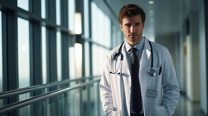 copy space, stockphoto, Portrait of young male doctor standing in corridor at hospital Healthcare theme. Handsome male doctor in a hospital. Copy space available.