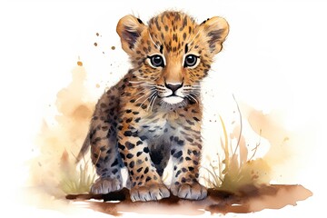 Obraz premium A charming watercolor depiction of a playful baby cheetah created with Generative AI technology