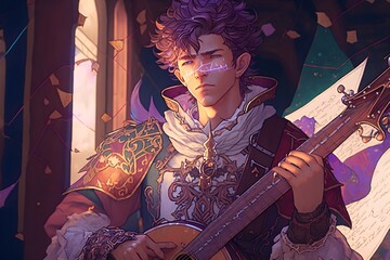 dungeons and dragons hero Eko a 19 year old male human Bard singing in a heroic pose full body otome character design hyperdetailed beautifully colorcoded insane details intricate details 