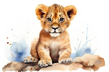 A vibrant watercolor painting capturing the innocence and beauty of a playful lion cub created with Generative AI technology