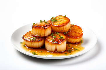 Obraz na płótnie Canvas Scallops with buttery sauce beautifully isolated against a pure white background 