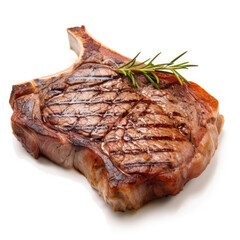Seasoned T-bone steak grilled to perfection elegantly isolated on a white background 