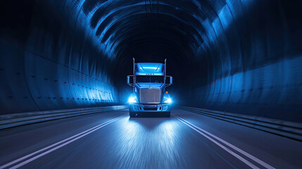 A semi truck at speed in tunnel. Generative Ai