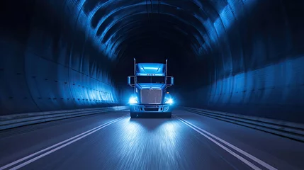 Poster A semi truck at speed in tunnel. Generative Ai © tong2530