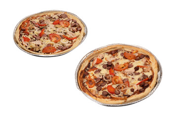 Tasty pizza with salami, sausages, cheese, onions and sauce.