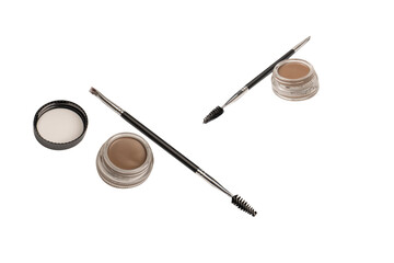 A brow pomade in blonde shade with brush isolated on a white background.