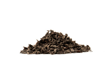 Dried tea leaves isolated on a white background.