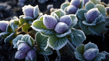 close up of cabbage plant covered in frost, growing outside on a cold icy day, on an allotment in winter - obrazy, fototapety, plakaty