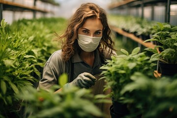 Woman with face mask, ecological producer working in a greenhouse